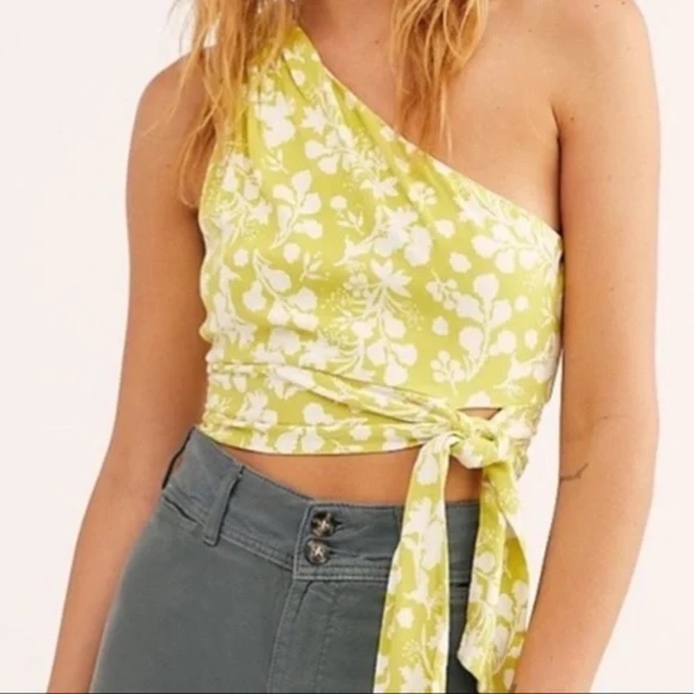 Free People Lime Floral One-Shoulder Crop Top